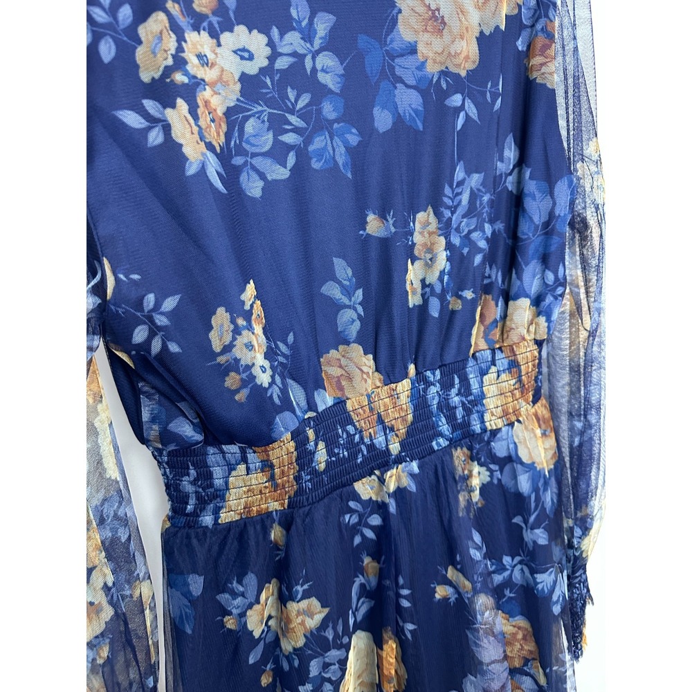 NEW Baltic Born Layla Tulle Maxi Dress Blue Golden Floral V-Neck Smocked Large - Picture 10 of 16